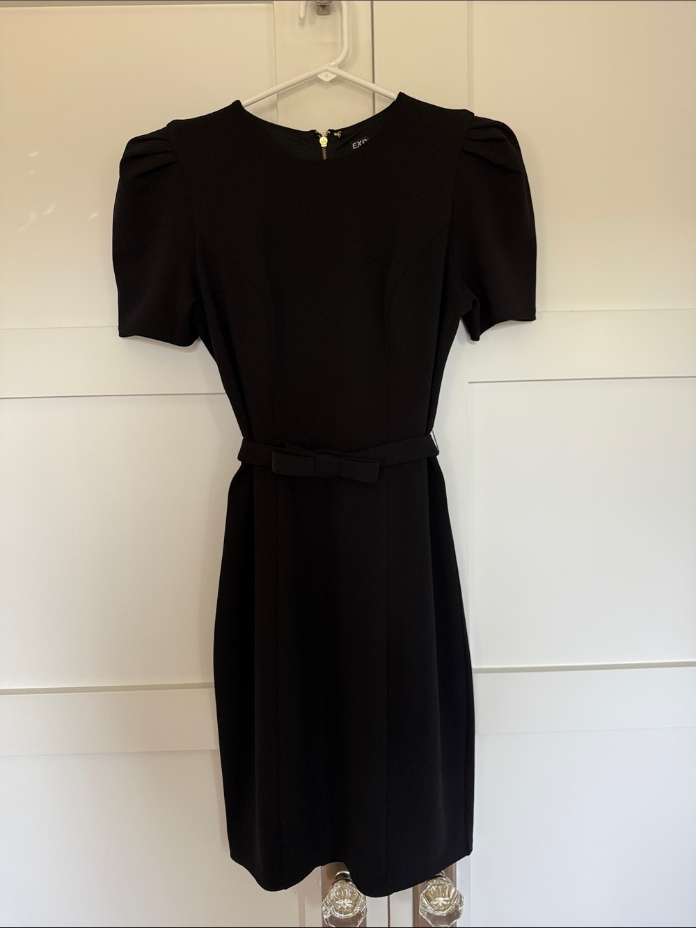 Express Black Midi Dress with Puff Sleeves and Waist Tie